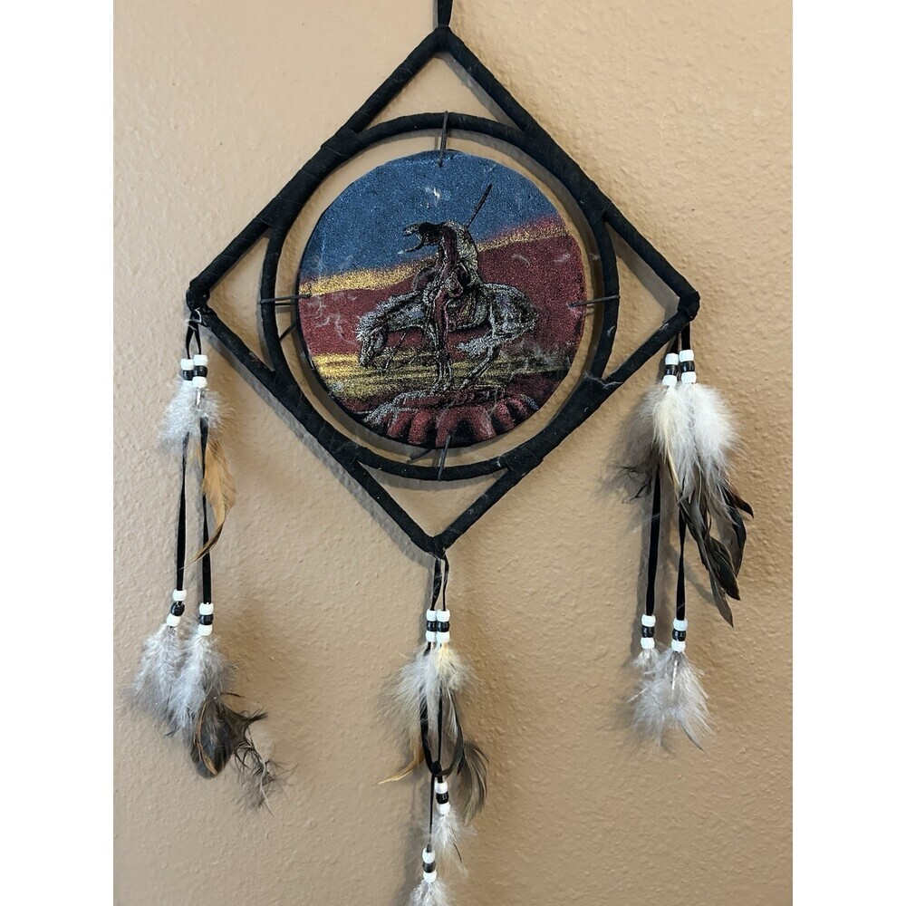 Indian Warrior “End Of The Trail” Painting On Cow Hide. Vintage Art Piece
